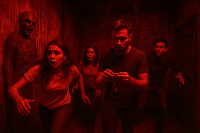 A group of friends inside a horror-themed escape room in Dubai.