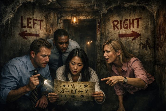 Team solving puzzle in horror escape room.