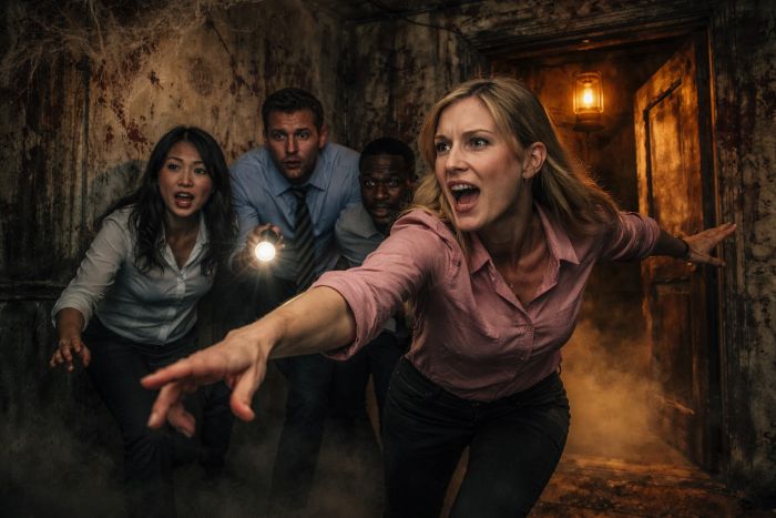 Team solving escape room challenges under stress and pressure.