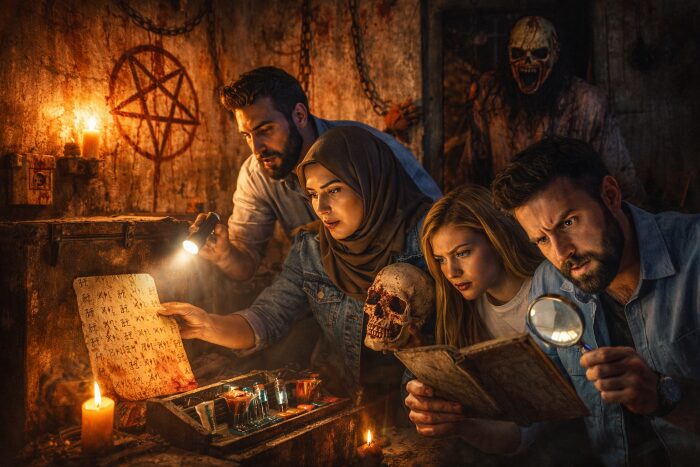 Group of people solving puzzle inside escape room in Dubai.