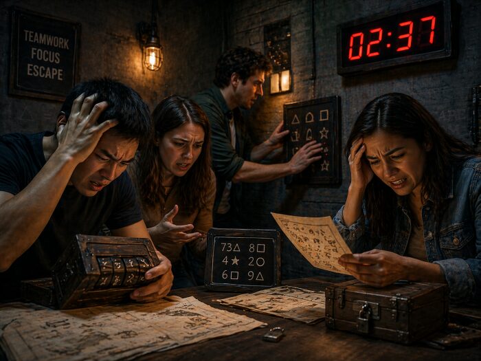 Escape room players solving a puzzle